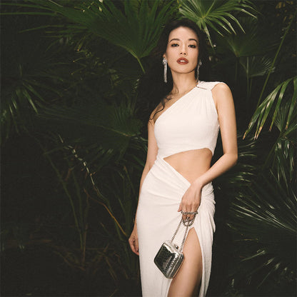 One Shoulder Two Piece Bodycon Dress | High Waist Slit Cutout Dress | noémi