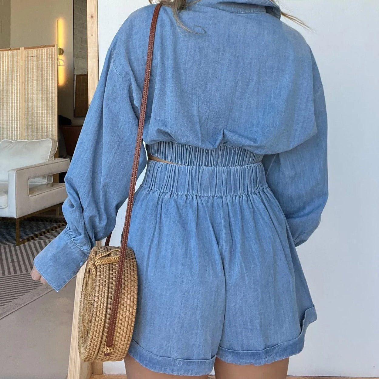 Womens Denim Shirt Shorts Set | Deep V Plunge Long Sleeve | noémi