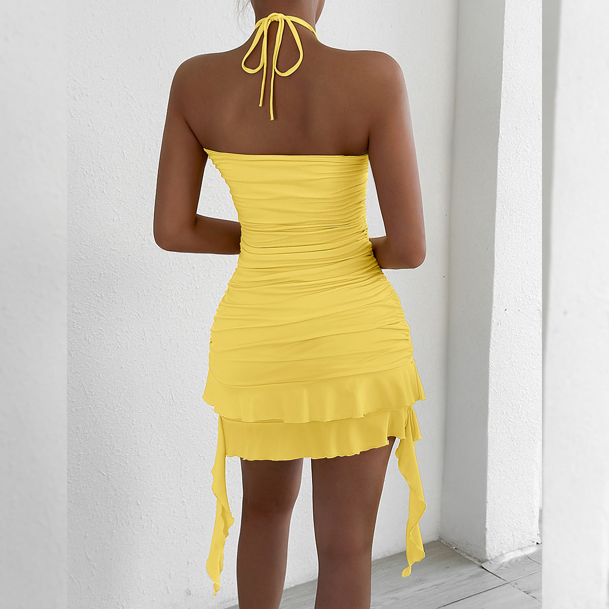 Ruched Mini Dress | Strapless Pleated Bodycon with Ruffle Hem | noémi