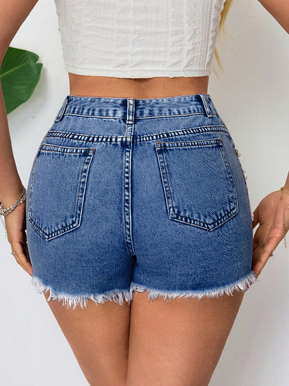 Belted Pearl Embellished Denim Shorts for Women | noémi