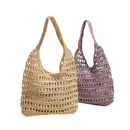 Large-Capacity Pink Straw Shoulder Tote Bag – Hollow-Out Woven Beach Carryall | noémi