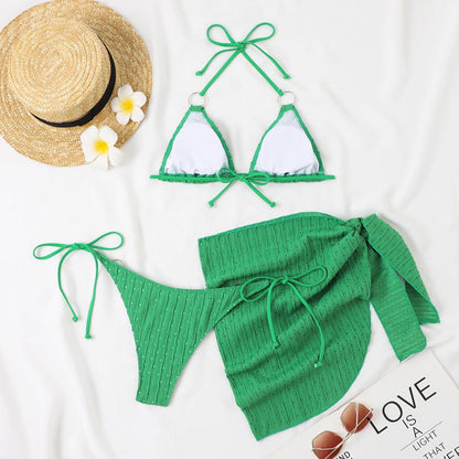 Bold Mesh Bikini Three Piece Swimsuit Set Solid Color | noémi