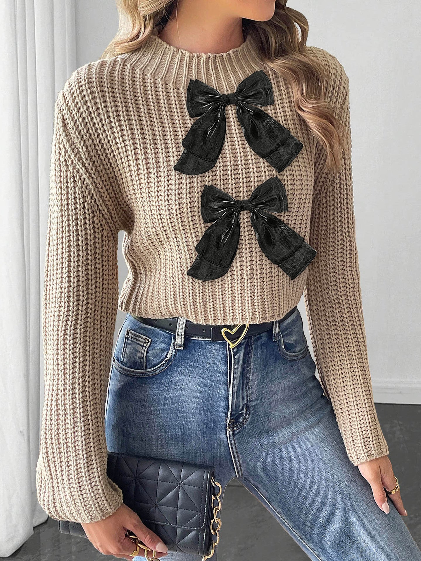 Womens Cropped Knit Sweater with Bow Detail | Flared Sleeves & Half Turtleneck Pullover | noémi