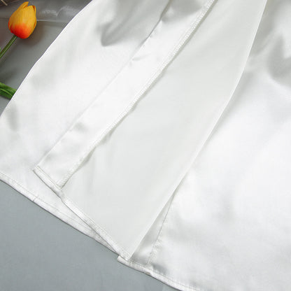 White Satin Feather Trim Robe | Bridal Lounge Robe, Belted Kimono Style | noémi