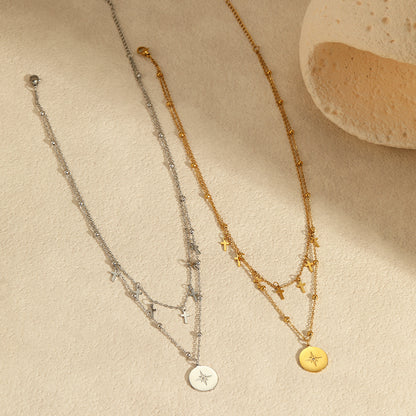 Retro Double Layer Cross & Star Pendant Necklace | Stainless Steel, Gold & Silver | noémi