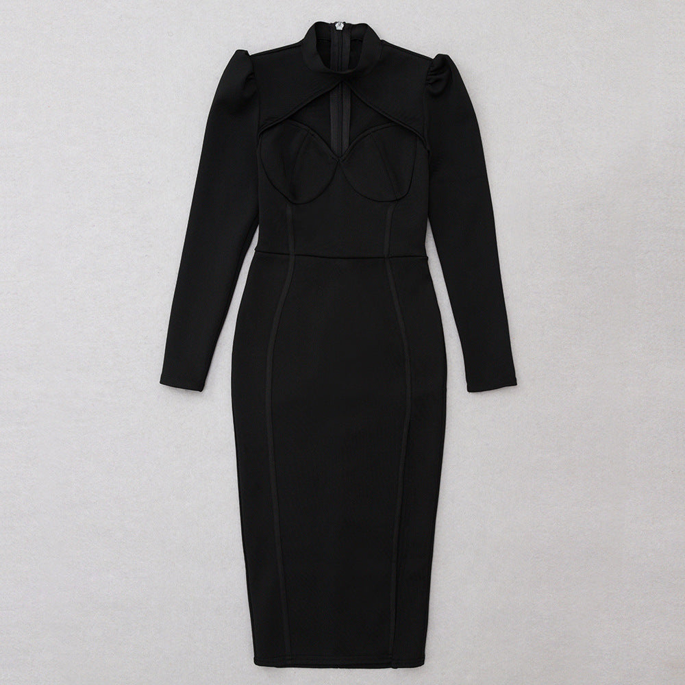 Black Bodycon Dress | Tube Top Shawl Collar | Side Slit | noémi