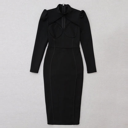 Black Bodycon Dress | Tube Top Shawl Collar | Side Slit | noémi