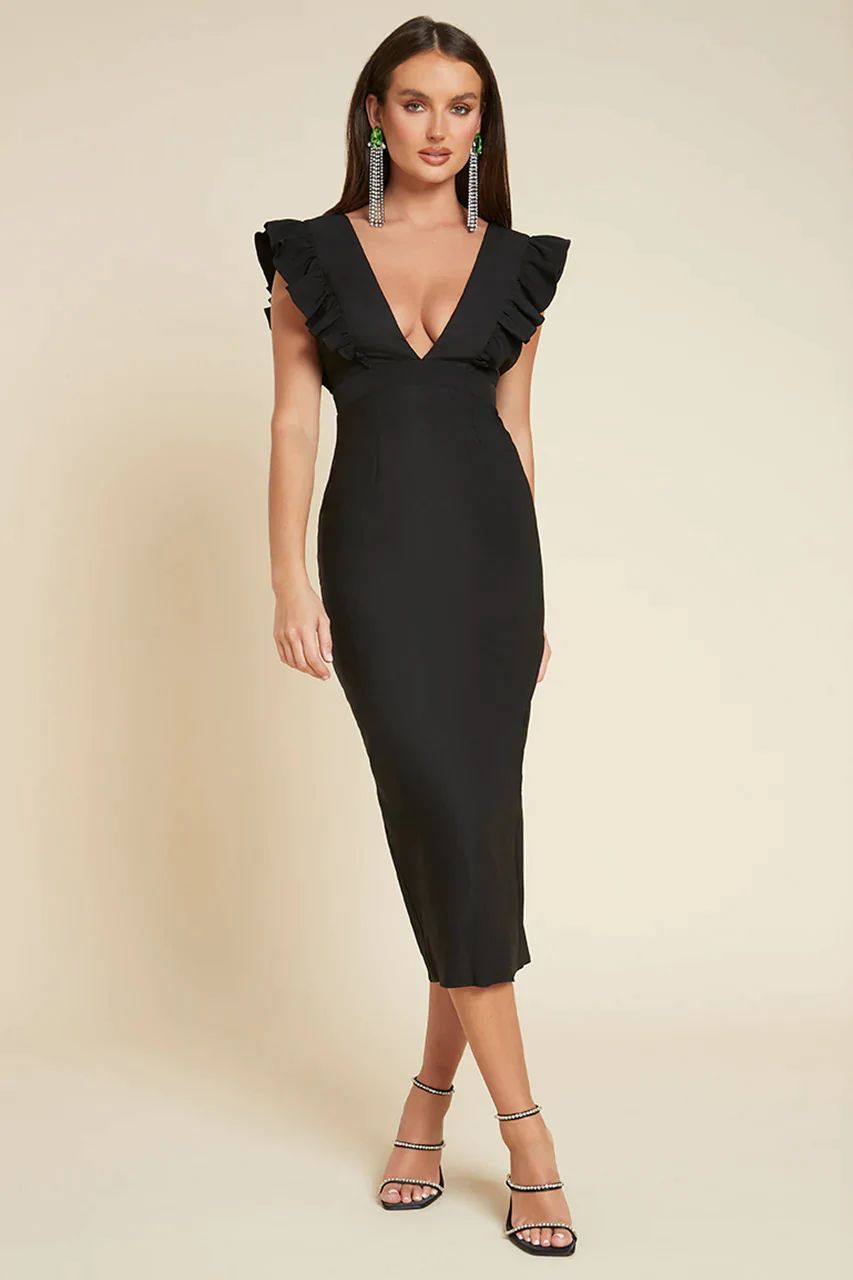 Deep V Neck Flounce Dress | Sleeveless High Waist Slim Fit Design | noémi