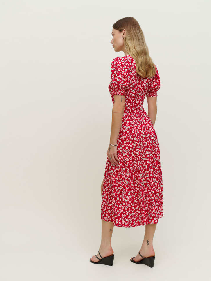 Red Floral Puff Sleeve Midi Dress with Square Neck & Front Slit | noémi