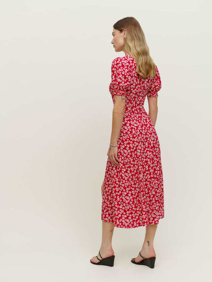 Red Floral Puff Sleeve Midi Dress with Square Neck & Front Slit | noémi