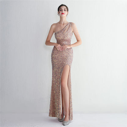 Sequin Fishtail Gown with Beaded Shoulder | One Shoulder Dress | noémi