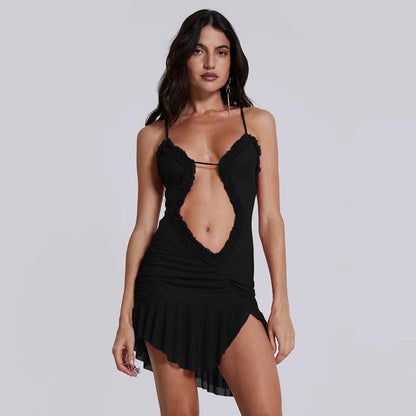Womens Backless Mesh Splice Sling Mini Dress | noémi