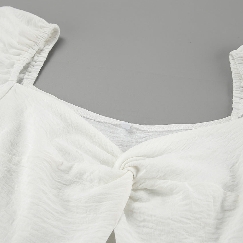 Women A Line Puff Sleeve Dress with Square Neck and Textured Fabric | noémi