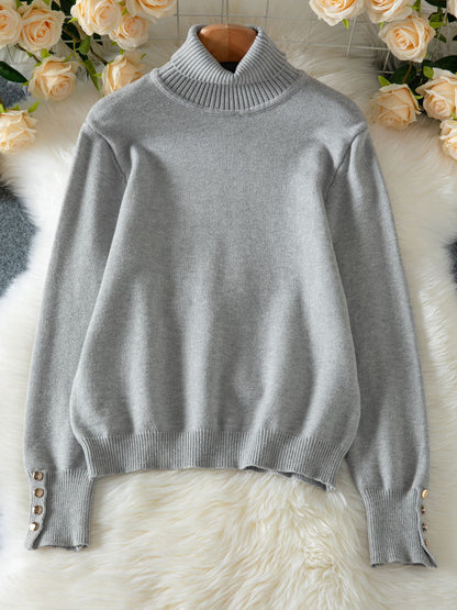 Womens Knit Turtleneck Sweater | Soft Ribbed Pullover with Button Cuffs | noémi