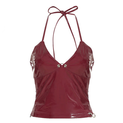 Wine Red Faux Leather Halter Top | Backless, ZipUp Camisole with LaceUp Detail | noémi