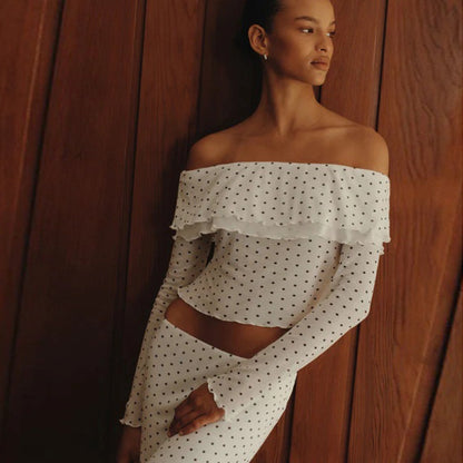 Fall Off Shoulder Knit Two Piece Set | Polka Dot Crop Top & Low Waist Midi Skirt | noémi