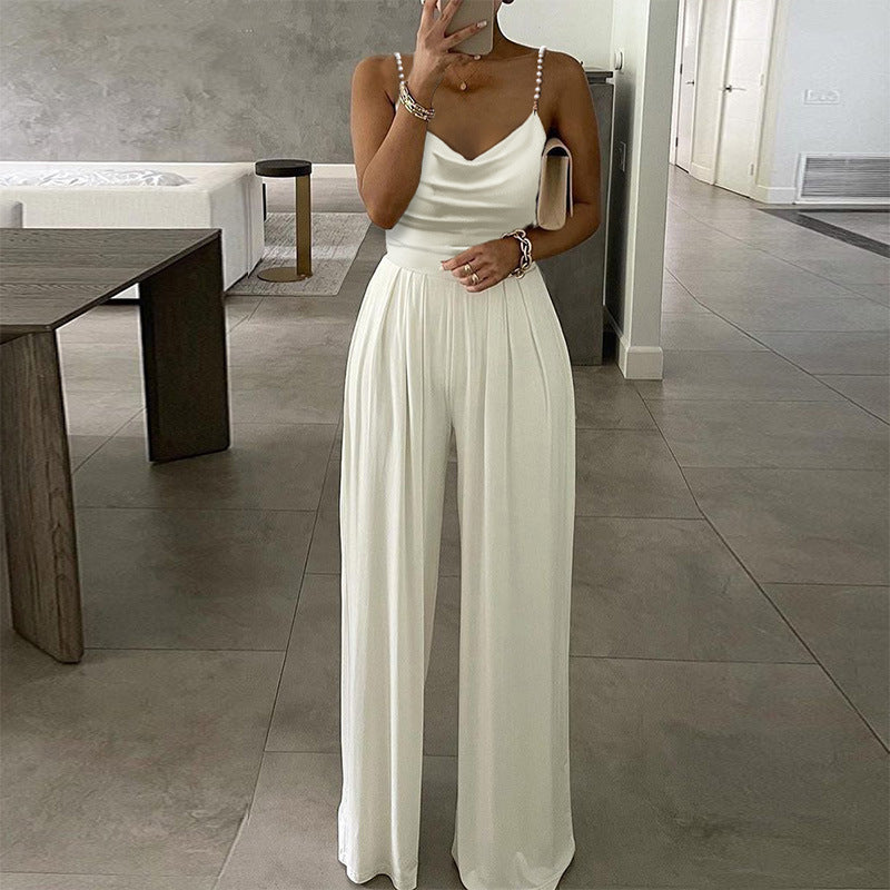 V Neck Wide Leg Jumpsuit | Sleeveless, Backless, Pearl Strap | noémi