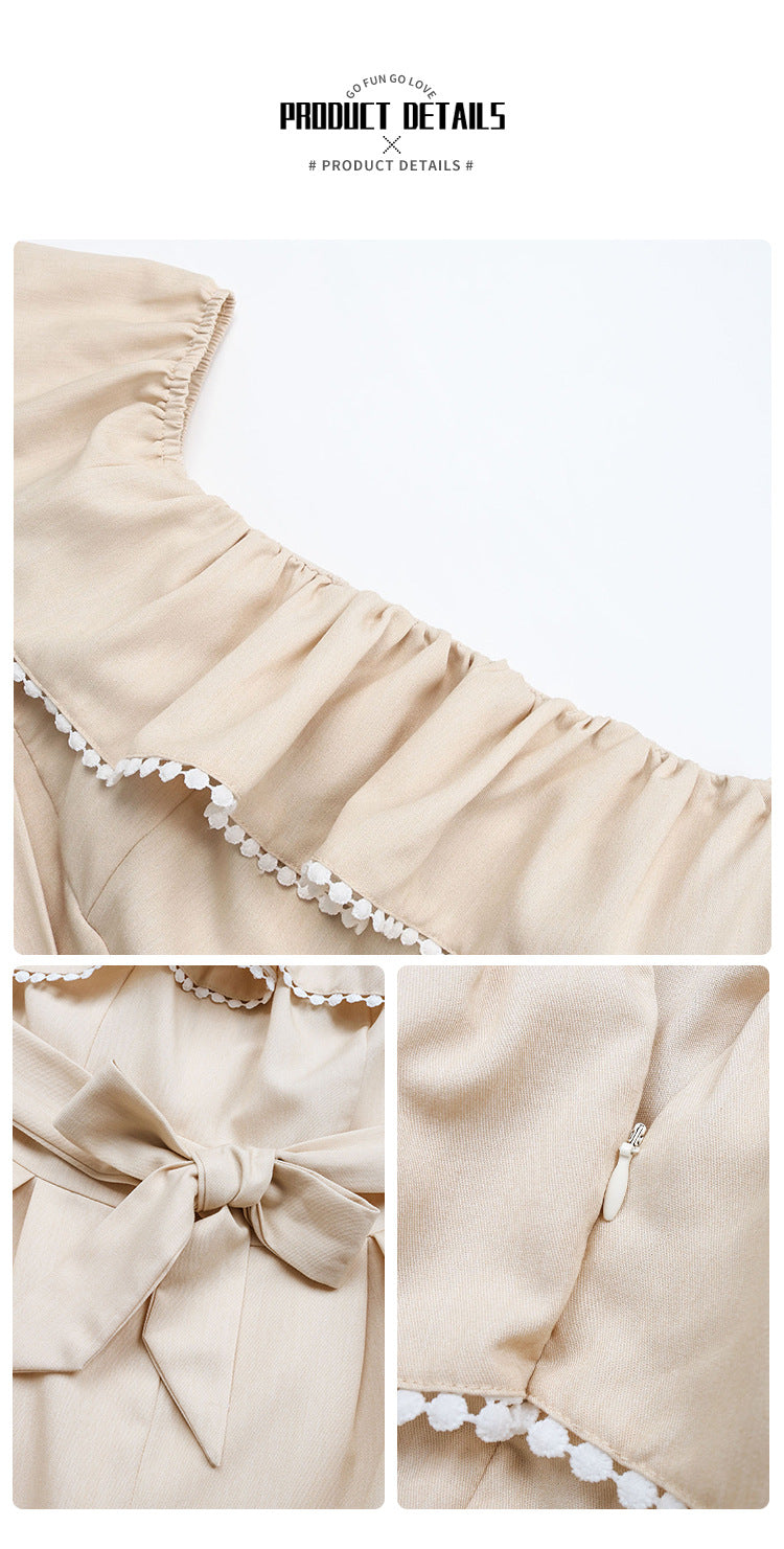 Off Shoulder Ruffle Romper | Beige Summer One Piece with Waist Tie | noémi