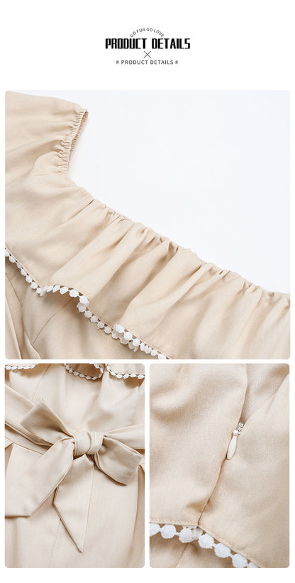 Off Shoulder Ruffle Romper | Beige Summer One Piece with Waist Tie | noémi