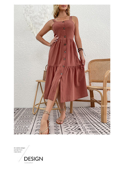 Cotton Linen Strap Button Down Cardigan Style Dress For Women | noémi