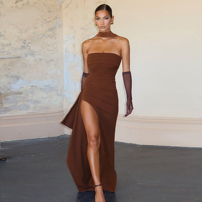 Womens Slim Fit Tube Dress with Scarf Collar and Back Slit Detail | noémi