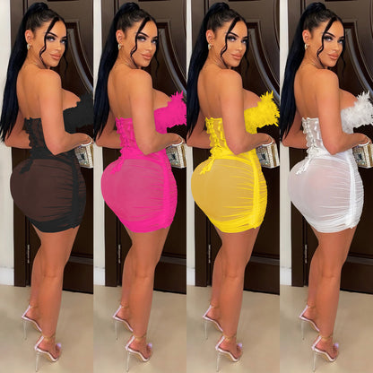 Feather Lace Mesh Vest Pleated Midi Skirt Set | Sheer Two Piece | noémi