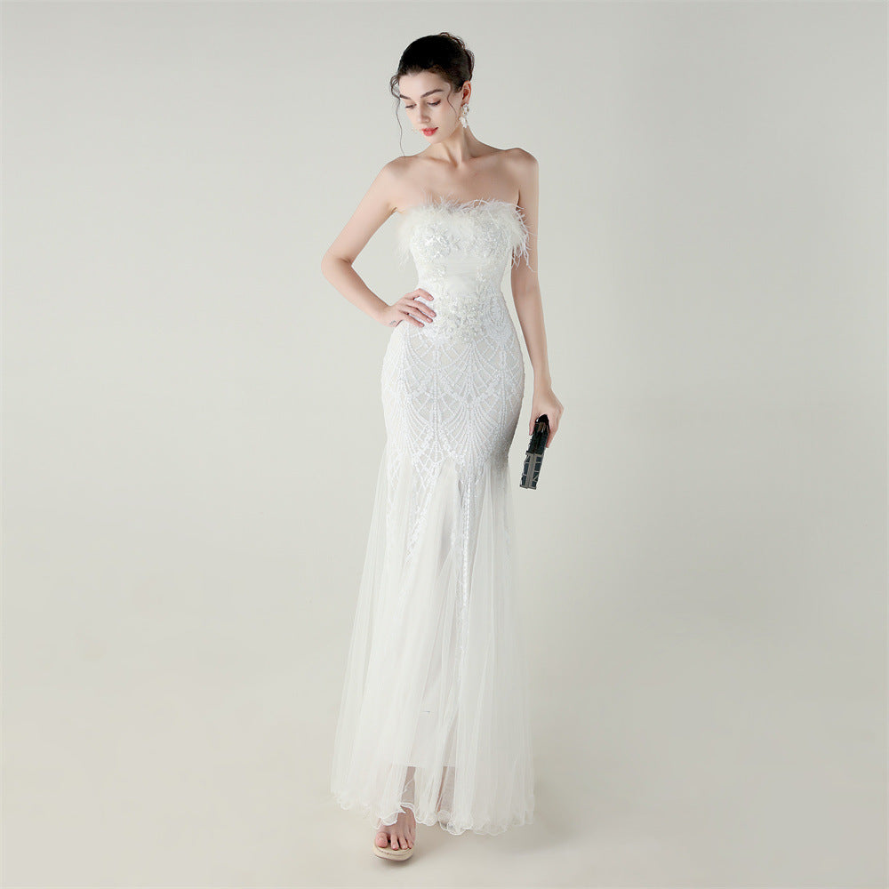 Sequin Beaded Floral Feather Gown | Mesh Fishtail Strapless Cross Back | noémi