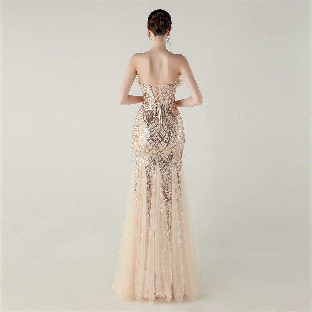 Sequin Beaded Floral Feather Gown | Mesh Fishtail Strapless Cross Back | noémi