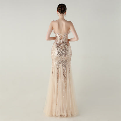 Sequin Beaded Floral Feather Gown | Mesh Fishtail Strapless Cross Back | noémi