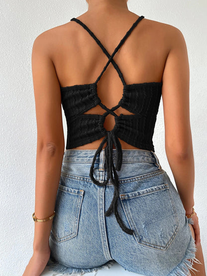 Womens Ribbed Knit Backless Crop Top | Spaghetti Strap Halter Neck Sleeveless Blouse | noémi