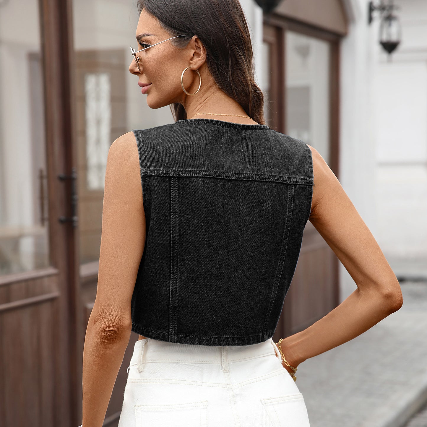 Denim Waistcoat for Women | Round Neck Vest with Pockets | noémi
