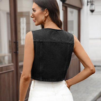 Denim Waistcoat for Women | Round Neck Vest with Pockets | noémi