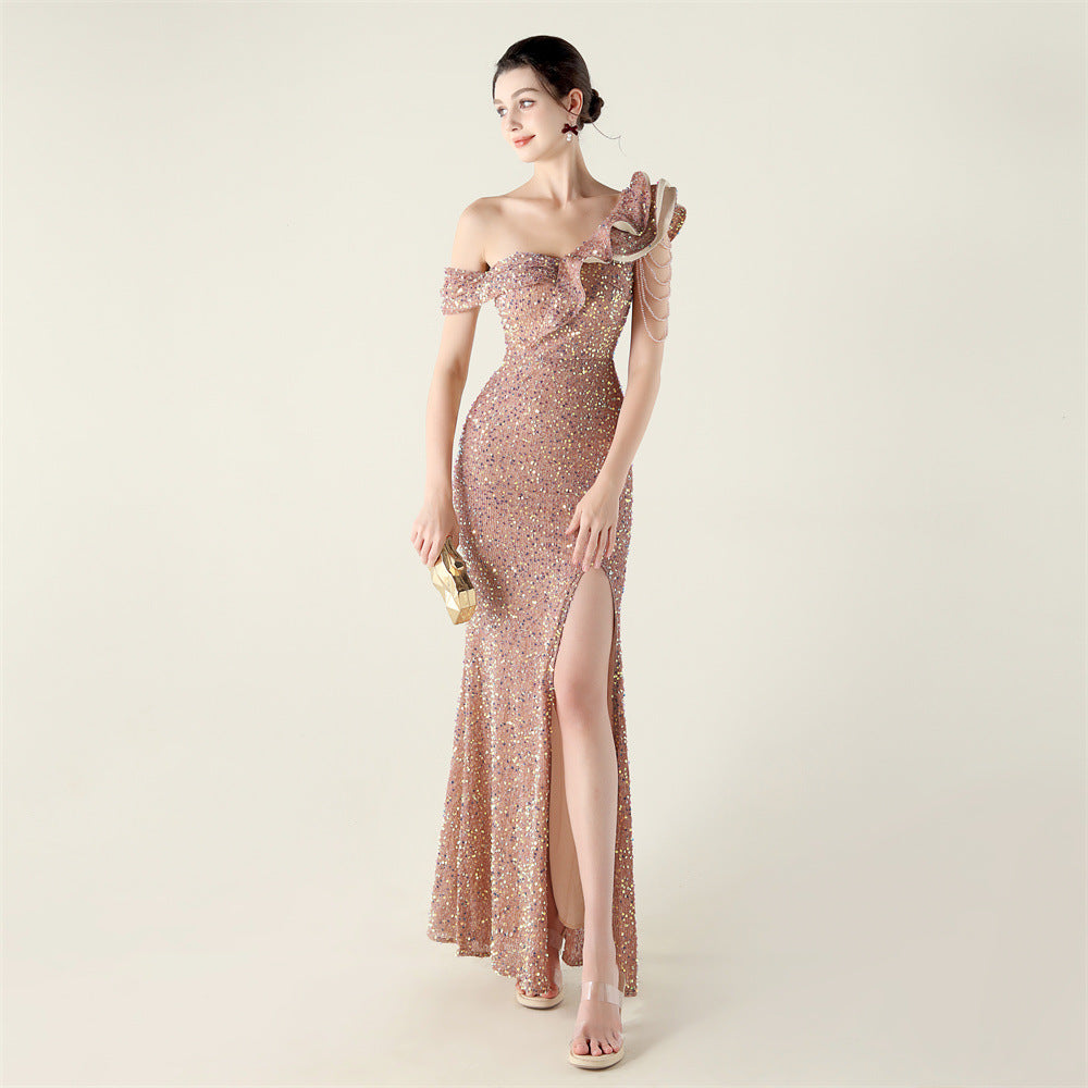 One Shoulder Ruffled Sequin Gown | noémi