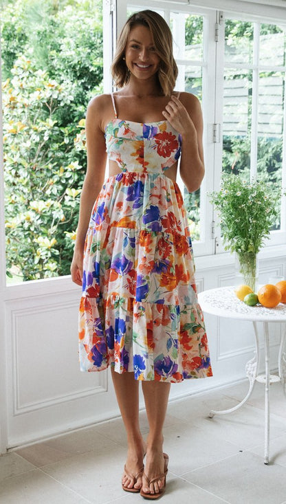 Sundress for Women | Printed Floral Strap Backless Lace Up Dress | noémi