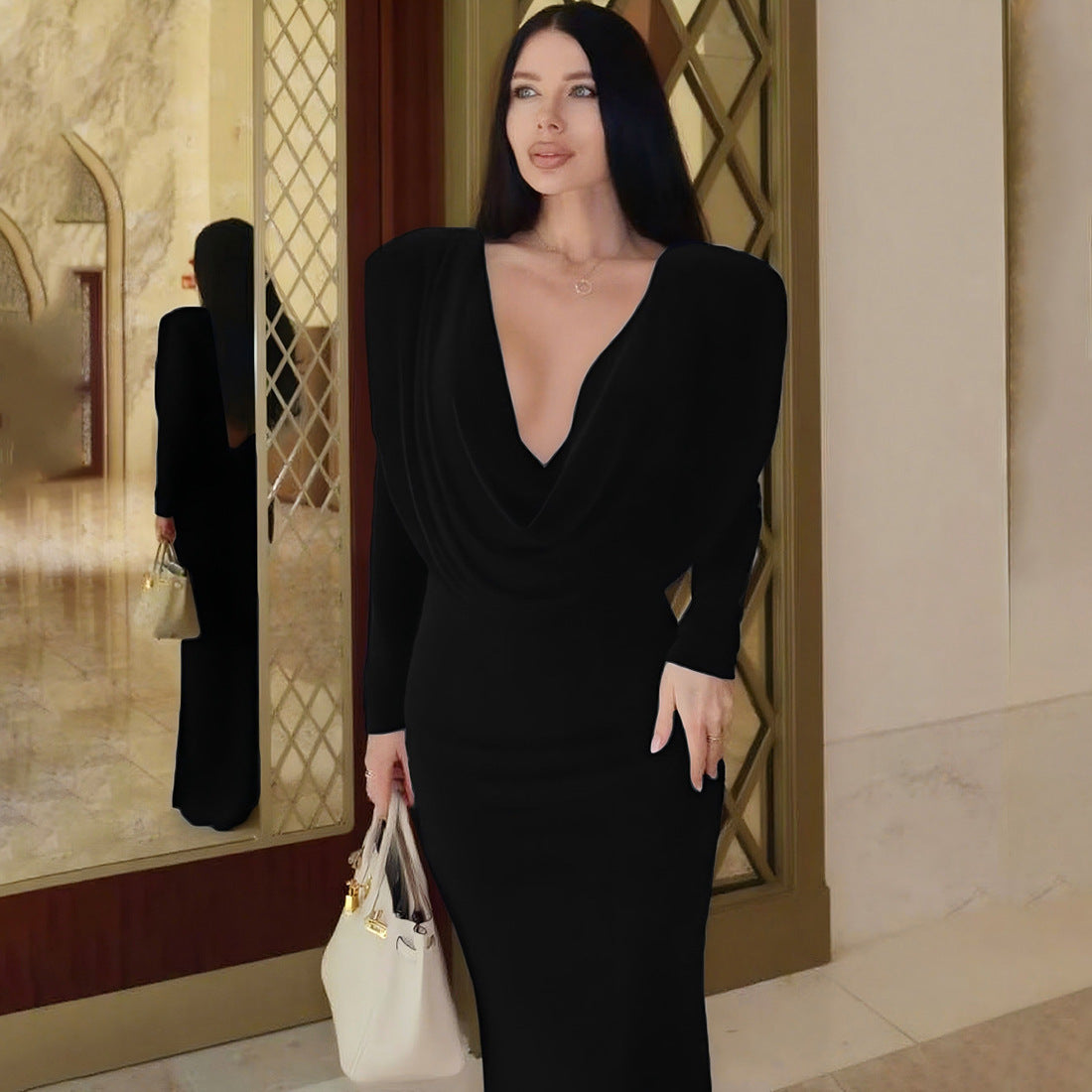 Womens Long Sleeve Pleated Dress with Swing Collar and Backless Design | noémi