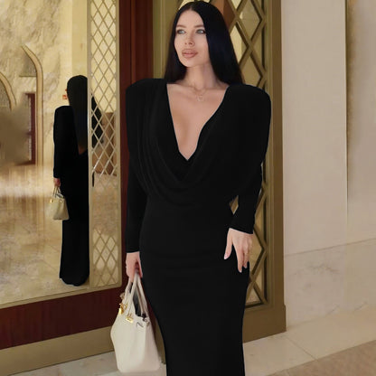 Womens Long Sleeve Pleated Dress with Swing Collar and Backless Design | noémi