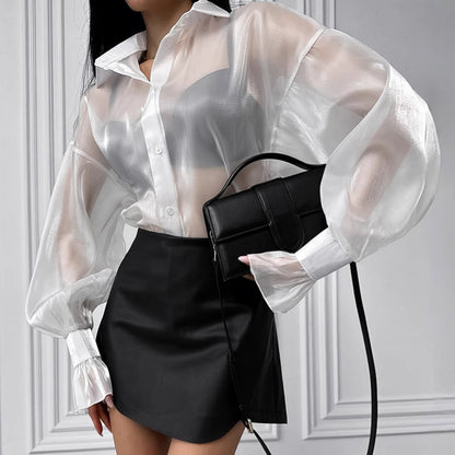 White Ruffle Top | See Through Yarn Shirt with Collared Design | noémi