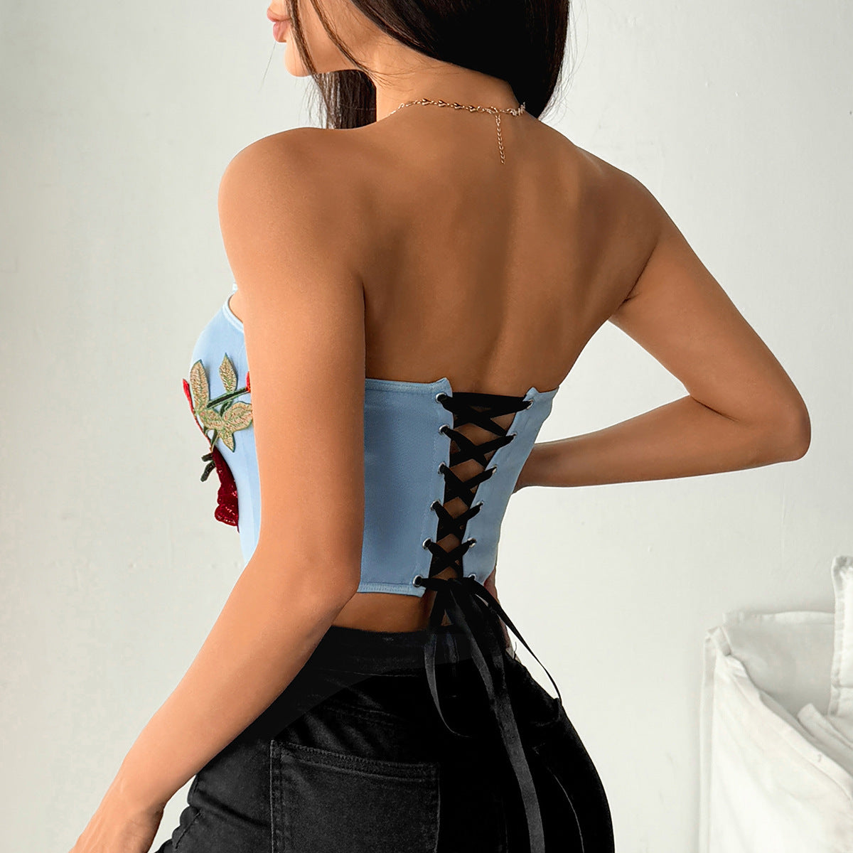 Denim Rose Embroidered Bandeau Corset Top | Lace Up Back, Boning Detail | noémi