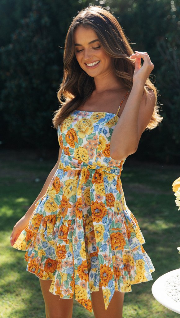 Womens Floral Printed Tiered Mini Dress | Sundress with Spaghetti Straps & Smocked Waist | noémi