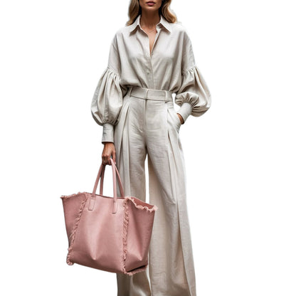 2 Piece Cotton Linen Set | Long Sleeve Shirt & Wide Leg Pants | noémi
