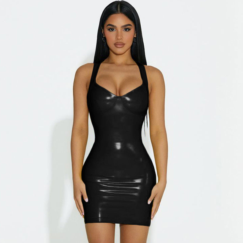 V Neck Faux Leather Dress Slim Fit Straps Waist Hugging | noémi