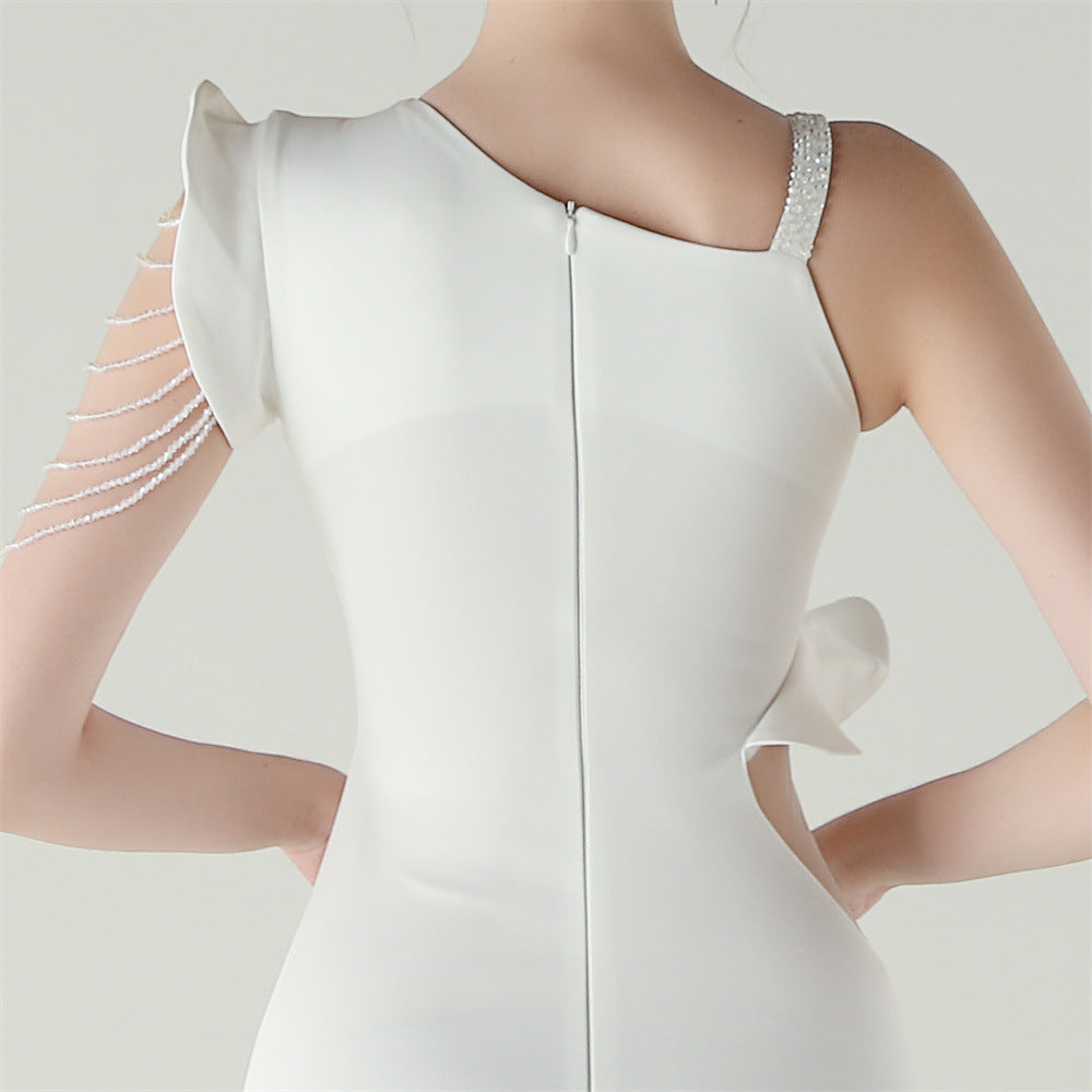 Satin One Shoulder Beaded Fishtail Gown | Cut Out Ruffled Hem Slim Fit | noémi