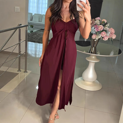 Women’s 2 Piece Cloak Dress & Shorts Set | Burgundy Suspender Strap & High Slit Overlay | noémi