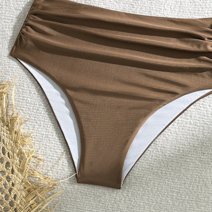 High Waist One Shoulder Pleated Solid Color Bikini Set | noémi