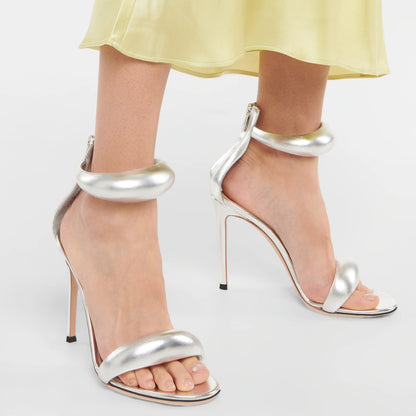 Luxe Orbit Heels | Metallic Gold/Silver Stiletto Sandals with Padded Ankle Strap | noémi