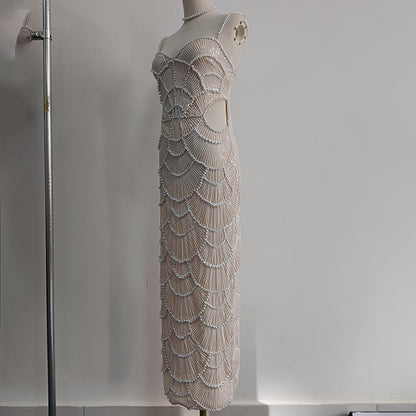 Pearl Embellished White Midi Dress | Strapless Cutout Gown with Beaded Detail | noémi