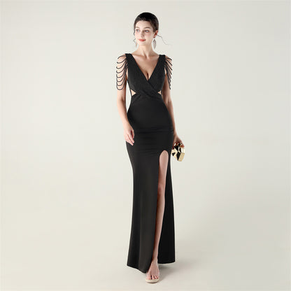 Beaded Slim Fit Dress V Neck Slit Gown | noémi