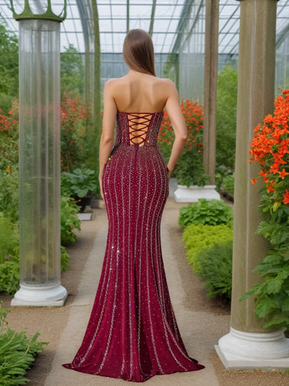 Celestia Crystal Corset Gown | Rhinestone Maxi Dress with Lace Up Back | noémi