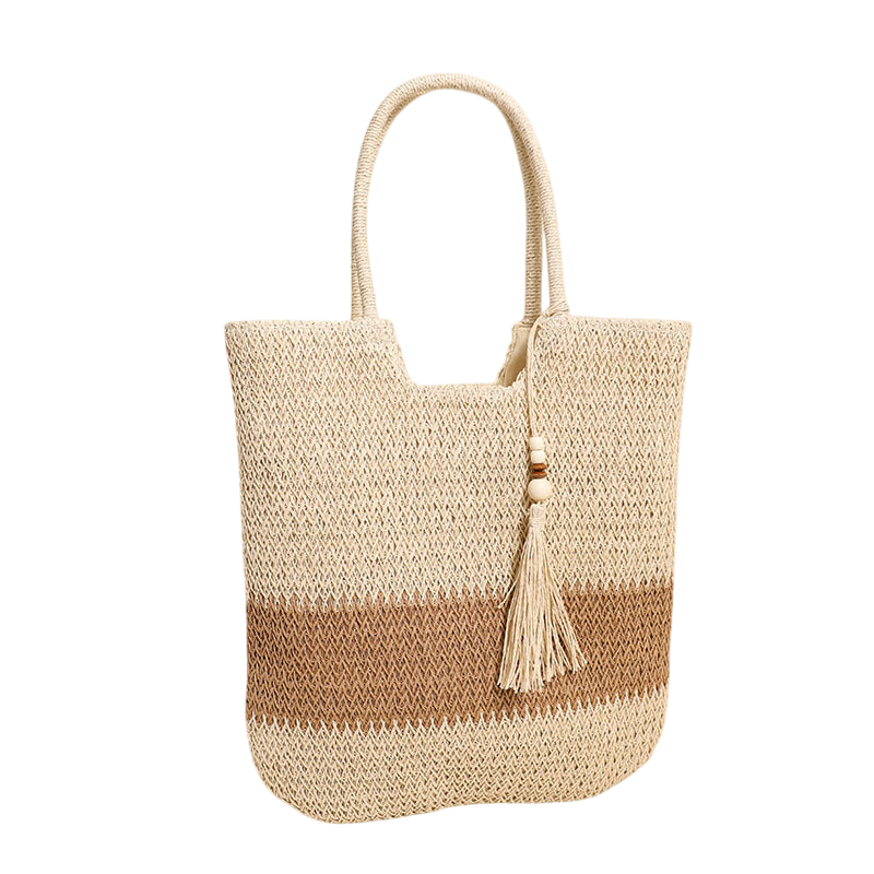 Two-Tone Straw Shoulder Tote Bag – Tassel Boho Beach Carryall, Natural/Cream | noémi