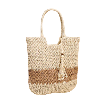 Two-Tone Straw Shoulder Tote Bag – Tassel Boho Beach Carryall, Natural/Cream | noémi